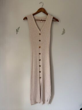 Hippie Rose Sleeveless Ribbed Button-Front Midi Dress in Beige